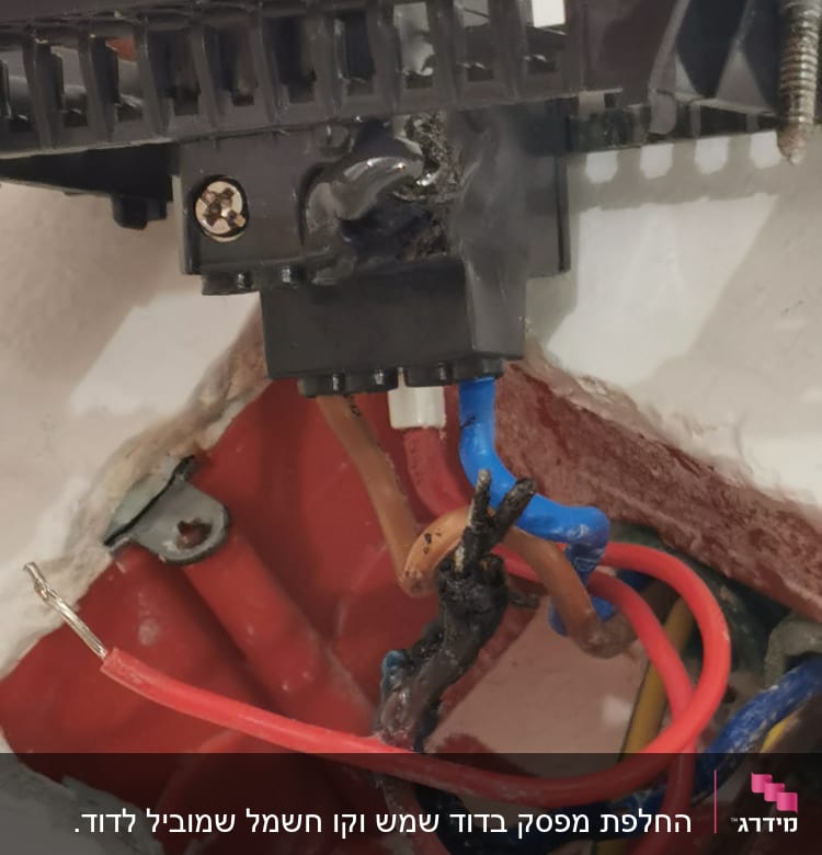 חוטי חשמל צבעוניים מחוברים לקופסת חיבורים